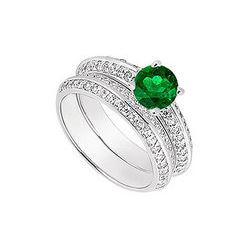 14K White Gold Emerald & Diamond Engagement Ring with Wedding Band Sets 1.00 CT TGW