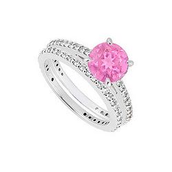 14K White Gold Pink Sapphire & Diamond Engagement Ring with Wedding Band Sets 1.25 CT TGW