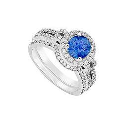 14K White Gold Blue Sapphire & Diamond Engagement Ring with Wedding Band Sets 1.15 CT TGW