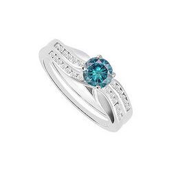 Blue & White Diamond Engagement Ring with Wedding Band Sets 14K White Gold  1.00 CT TDW