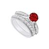 Image 1 : 14K White Gold : Ruby and Diamond Engagement Ring with Wedding Band Set 1.15 CT TGW