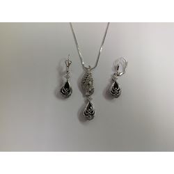 Black and Clear CZ Necklace and Earring Set Rhodium Plated in Gift Box