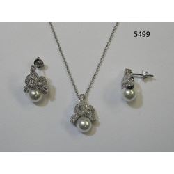 CZ Necklace and Earring Set with Pearl Rhodium Plated in Gift Box