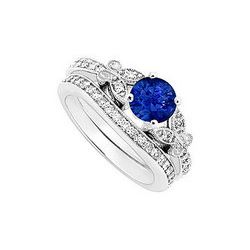 Sapphire and Diamond Engagement Ring with Wedding Band Set : 14K White Gold - 1.00 CT TGW