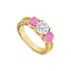 Three Stone Pink Sapphire and Diamond Ring : 14K Yellow Gold - 1.25 CT TGW