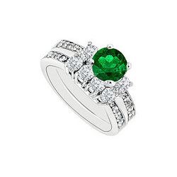 14K White Gold Emerald & Diamond Engagement Ring with Wedding Band Sets 1.50 CT TGW