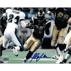 Marshall Faulk Signed St. Louis Rams 8X10 Photo (Navy Jersey Run Vs Eagles)- Faulk Hologram