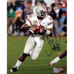 Troy Smith Signed Ohio State Buckeyes 8X10 Photo (White Jersey Rollout-Heisman)