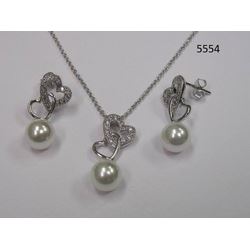 CZ Necklace and Earring Set with Pearl Rhodium Plated in Gift Box