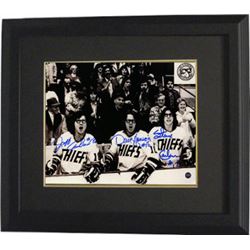 Hanson Brothers (Slap Shot) Signed Charleston Chiefs On Bench B&W 8X10 Photo Custom Framed 3 Sig- St