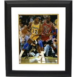 Magic Johnson Signed Los Angeles Lakers 8X10 Photo Custom Framed  (Yellow Jersey Post Up Dribble Ver