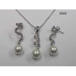 CZ Necklace and Earring Set with Pearl Rhodium Plated in Gift Box