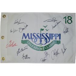 Larry Mize Signed Mississippi Gulf Resort Classic 2010 White 19X13 Flag W/13 Signatures