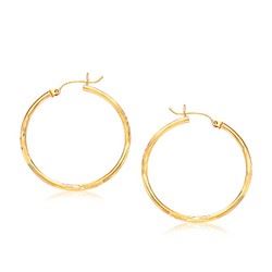14K Yellow Gold Fancy Diamond Cut Slender Large Hoop Earrings (30mm Diameter)