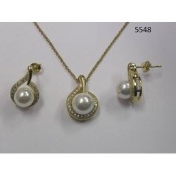 CZ Necklace and Earring Set with Pearl Gold ElectroPlated in Gift Box