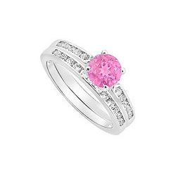 Pink Sapphire and Diamond Engagement Ring with Wedding Band Set : 14K White Gold - 0.75 CT TGW