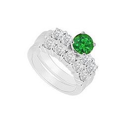 14K White Gold : Emerald and Diamond Engagement Ring with Wedding Band Set 1.40 CT TGW