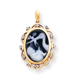 14K Stork With Baby .12Ct. Diamond Agate Cameo Pendant