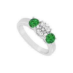 Three Stone Emerald and Diamond Ring : 14K White Gold - 0.75 CT TGW