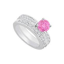 14K White Gold : Pink Sapphire and Diamond Engagement Ring with Wedding Band Set 1.30 CT TGW