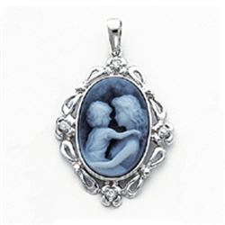 14K White Gold Diamond 13X18 Agate Cameo With Sentiment Pendant