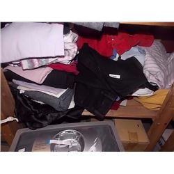 SHELF OF CLOTHING, BLANKETS AND MORE