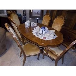 DOUBLE PEDESTAL TABLE WITH 2 LEAFS AND 6 CHAIRS - ALL ONE MONEY
