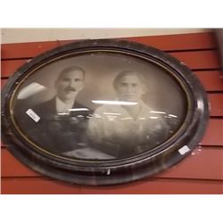 VINTAGE WOOD FRAMED PHOTO WITH OVAL CONVEX GLASS - 23" X 16"