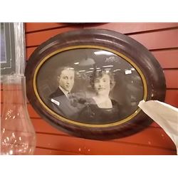 VINTAGE WOOD FRAMED PHOTO WITH OVAL CONVEX GLASS - 23" X 16"