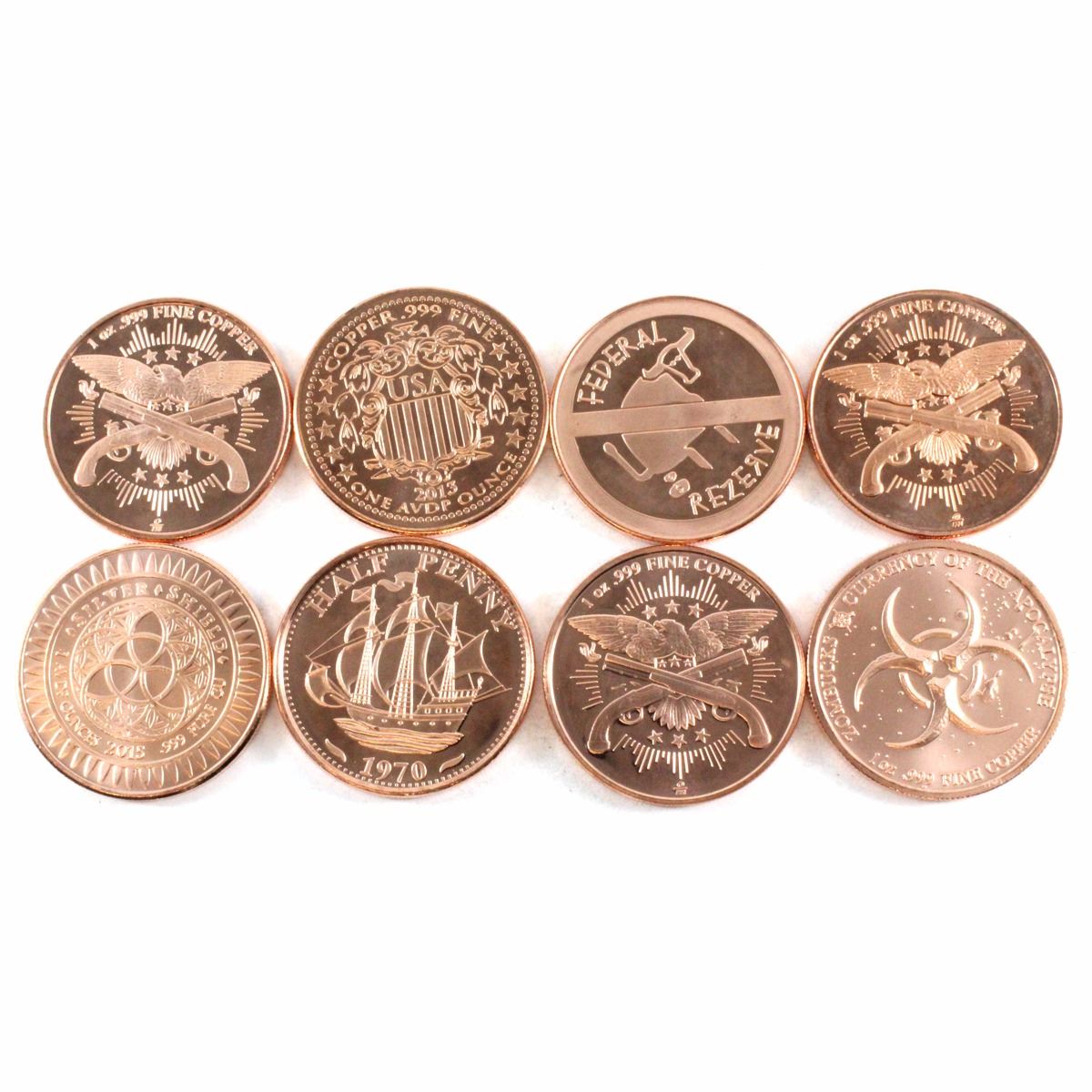 8x 1oz .999 Fine Copper Coins. You will receive 8 different versions of