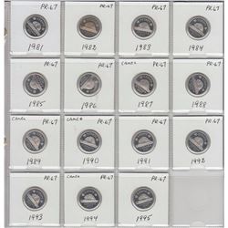 15x Canada 5-cents in Proof Condition. The dates you receive are: 1981, 1982, 1983, 1984, 1985, 1986