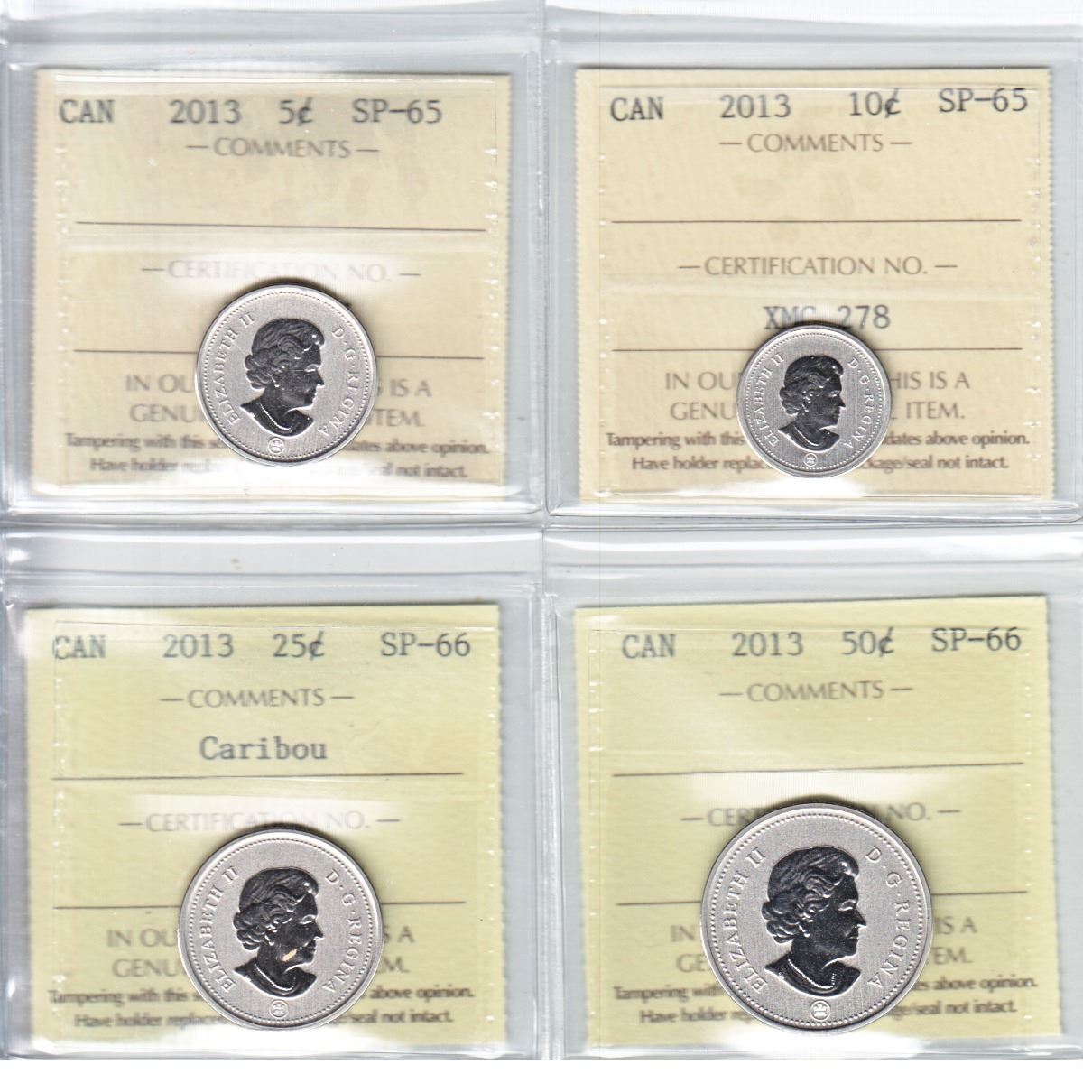 Lot of 4x 2013 ICCS Certified Coins. This lot includes the 2013 5c SP65, 2013 10c SP65, 2013 25c S
