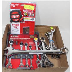 FLAT WITH ASSORTED HUSKY WRENCHES & MILWAUKEE