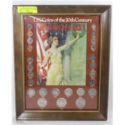 FRAMED US COINS OF THE 20TH CENTURY RANGING FROM