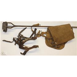 BOX WITH VINTAGE BRAND, HARNESS AND CHAPS