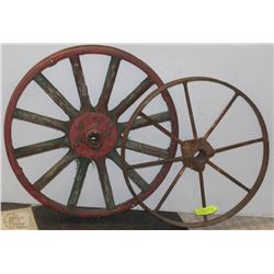 2 VINTAGE WAGON WHEELS INCL  WOOD AND METAL 21" &