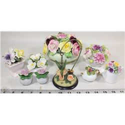 BOX OF PORCELAIN FLOWERED ORNAMENTS