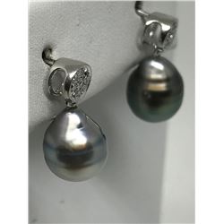 #34-STERLING SILVER PEARL & DIAMOND EARRINGS