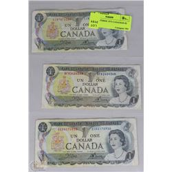 SHEET W/THREE 1973 CANADIAN $1 BILLS