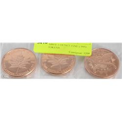 LOT OF THREE 1 OUNCE FINE (.999) COPPER TOKENS