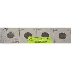 LOT OF 4 CANADIAN 5 CENTS RANGING FROM 1920-1924