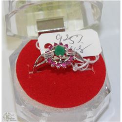 #81-GREEN EMERALD,RUBY &CZ RING,925 STERLING SILVER