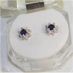 #53-BLUE SAPPHIRE &CZ EARRINGS,925 STERLING SILVER