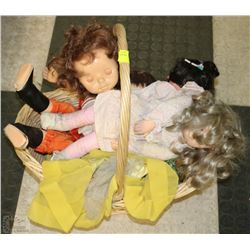 BASKET OF VINTAGE DOLLS