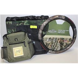 CAMO BAG WITH CAMO SEERING WHEEL COVER AND LUNCH
