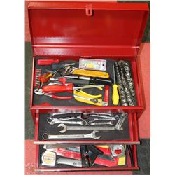 RED TOOL BOX WITH ASSORTED TOOLS