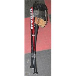LOT OF 3 ALUMINUM BASEBALL BATS AND 2 GLOVES
