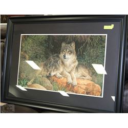 LARGE FRAMED PICTURE OF 2 WOLVES "PEACE IN THE FOREST"