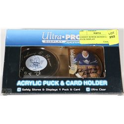 JOHNNY BOWER SIGNED CARD AND PUCK DISPLAY