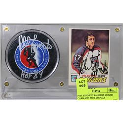 PHIL ESPOSITO RANGERS SIGNED CARD AND PUCK DISPLAY